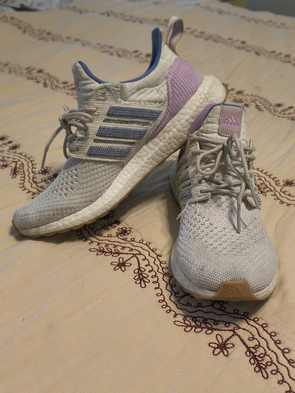 adidas Women's Cream Knit Sneakers with Purple Accents and Blue Stripes